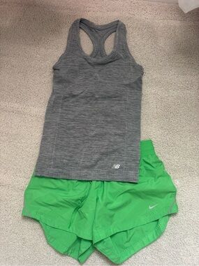 New Balance Gray Racerback Tank with Bright Green Athletic Shorts